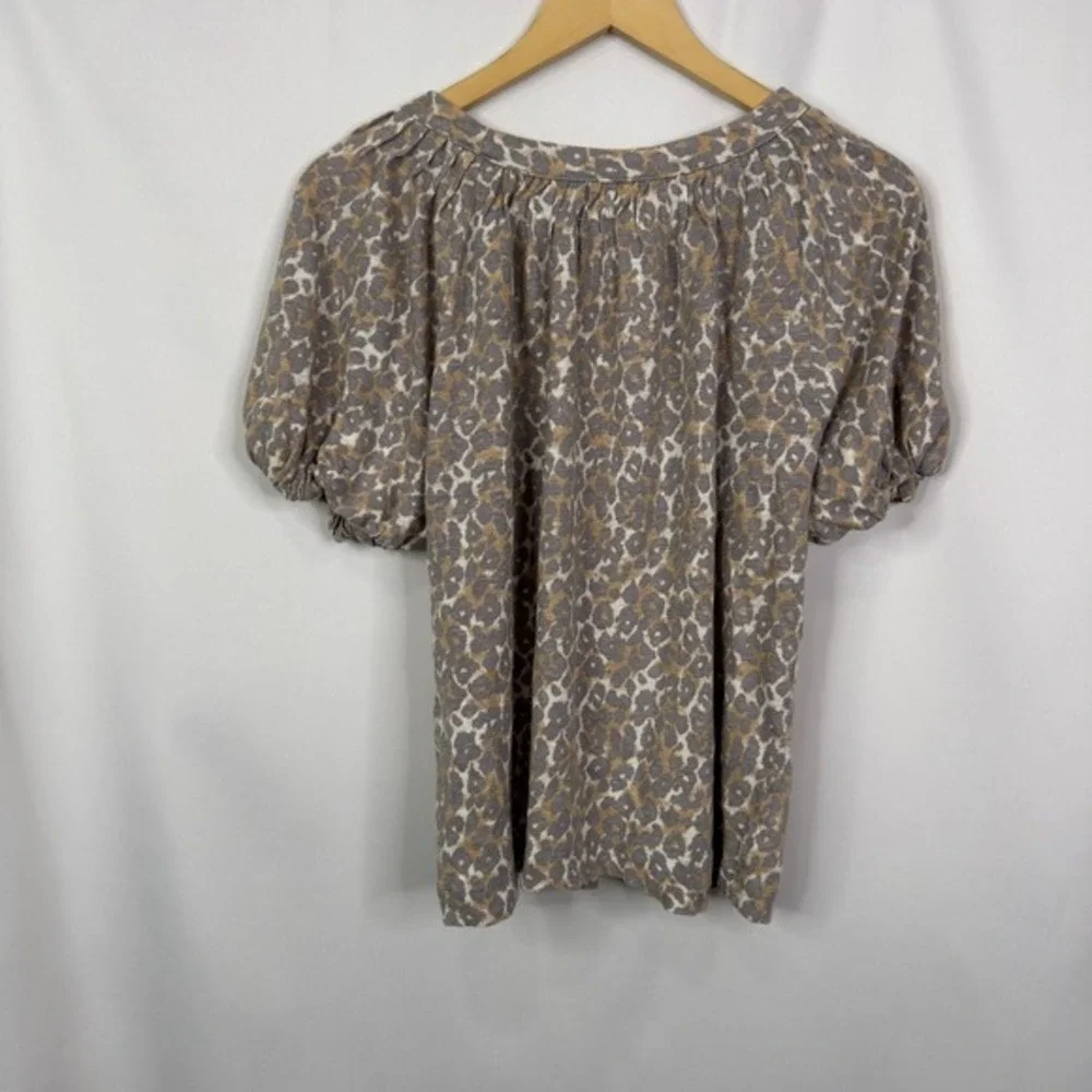 Maeve‎ Anthropologie Leopard Puff Sleeve 100% Linen Top Size S